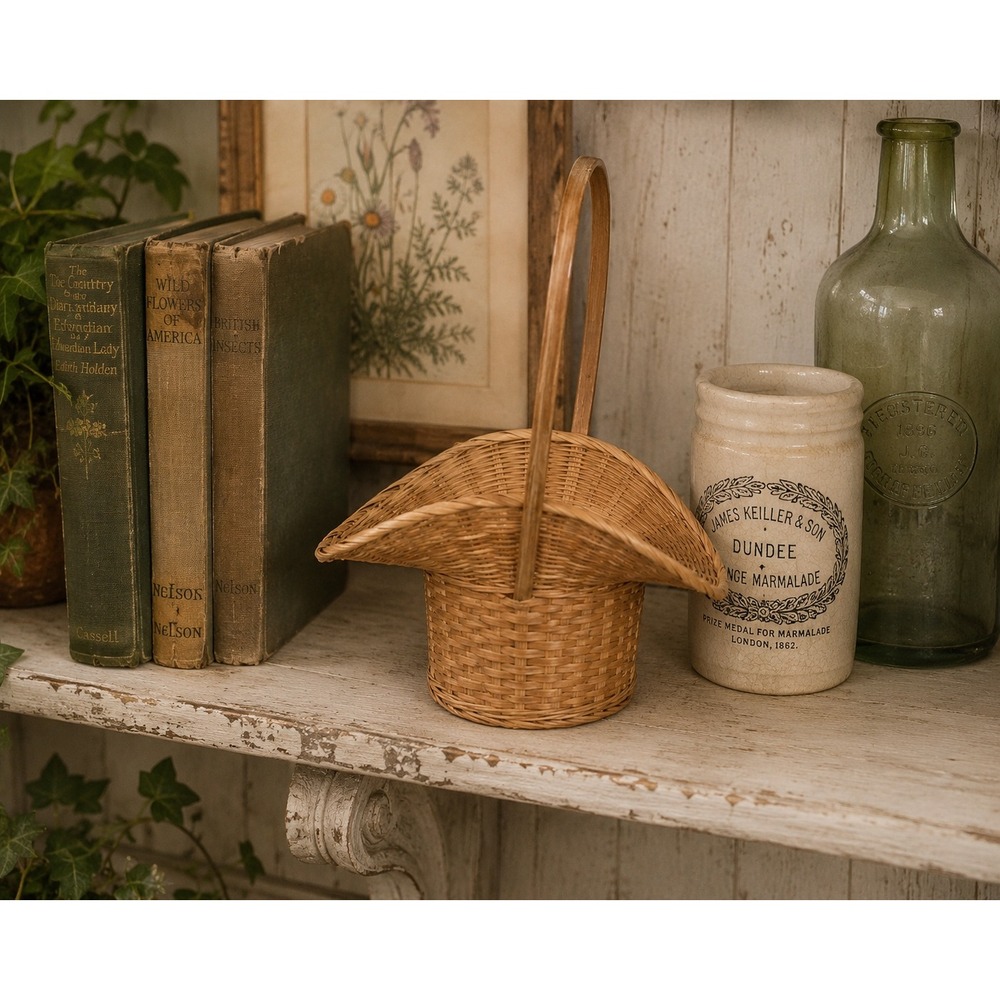 Vintage Woven Wicker Cowboy Hat Basket with Handle Rustic Farmhouse Decor 12in